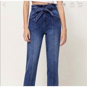 VERVET Erika Stretch Mom Jeans Women 31 Blue NWT Paperbag Waist Tie Belt Denim